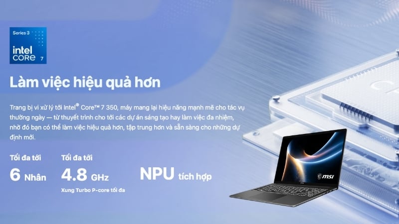 Laptop MSI Modern 16S G3MG-016VN có hiệu năng ổn định với Intel Core 7 350