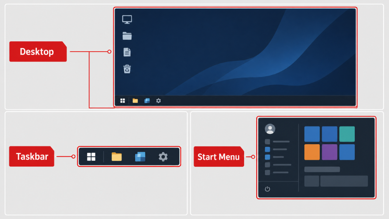 Phân biệt Desktop, Taskbar và Start Menu trên Windows