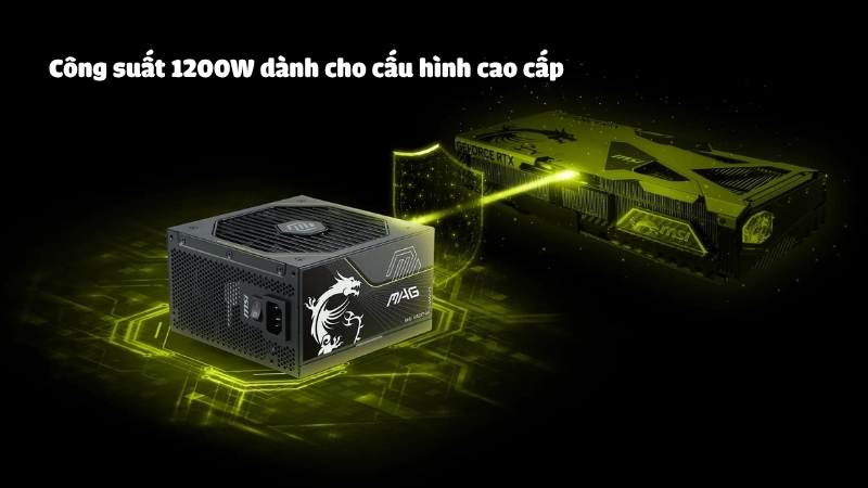 Nguồn máy tính MSI MAG AI1200PLS PCIE5 có công suất 1200W