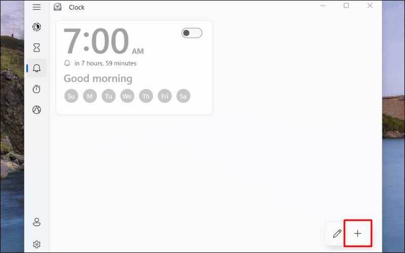 Chọn mục Alarm và nhấn dấu + để tạo báo thức mới
