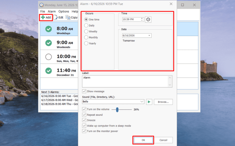 Nhấn Add, thiết lập báo thức rồi nhấn OK