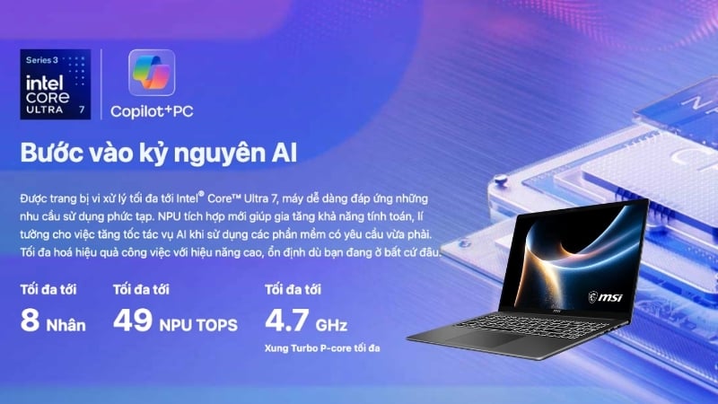Laptop MSI Modern 16S AI+ G3MG-058VN có hiệu năng Intel Core Ultra 7 355