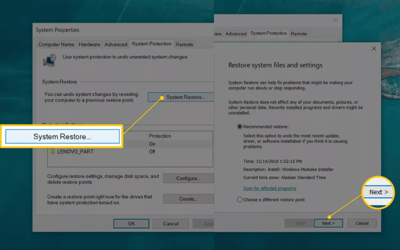 Nhấp vào nút System Restore..., sau đó bấm Next