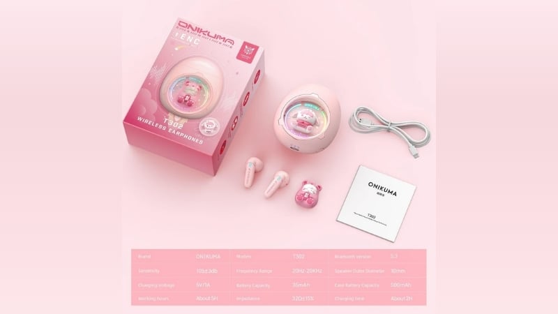 Tai nghe Onikuma In-ear T302 TWS Hồng sở hữu viên pin bền bỉ cho cả ngày
