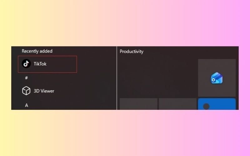 Mở Tiktok từ Start Menu hoặc thanh tìm kiếm