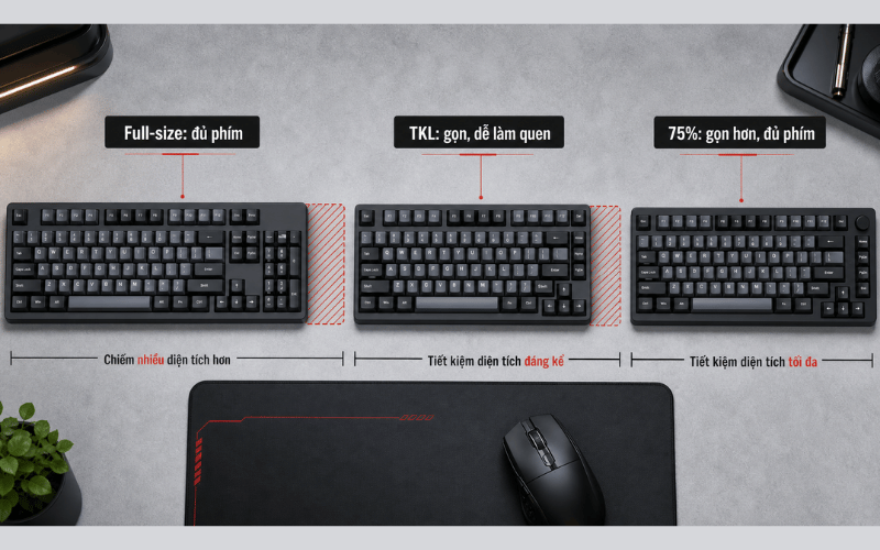 Nếu bàn nhỏ hoặc cần không gian rê chuột rộng hơn khi chơi game, nên ưu tiên TKL hoặc 75%.