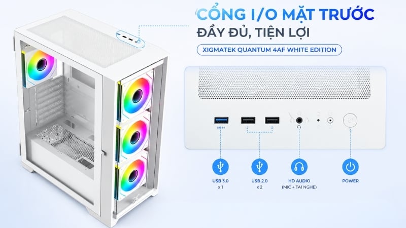 Vỏ máy tính Xigmatek QUANTUM 4AF White Edition có cổng I/O mặt trước đầy đủ