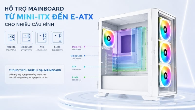 Vỏ máy tính Xigmatek QUANTUM 4AF White Edition hỗ trợ nhiều loại mainboard