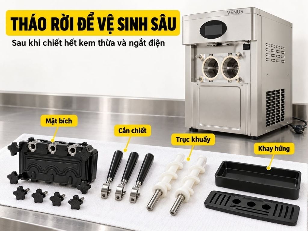 Tháo mặt bích, cần chiết, trục khuấy và khay hứng để vệ sinh sâu