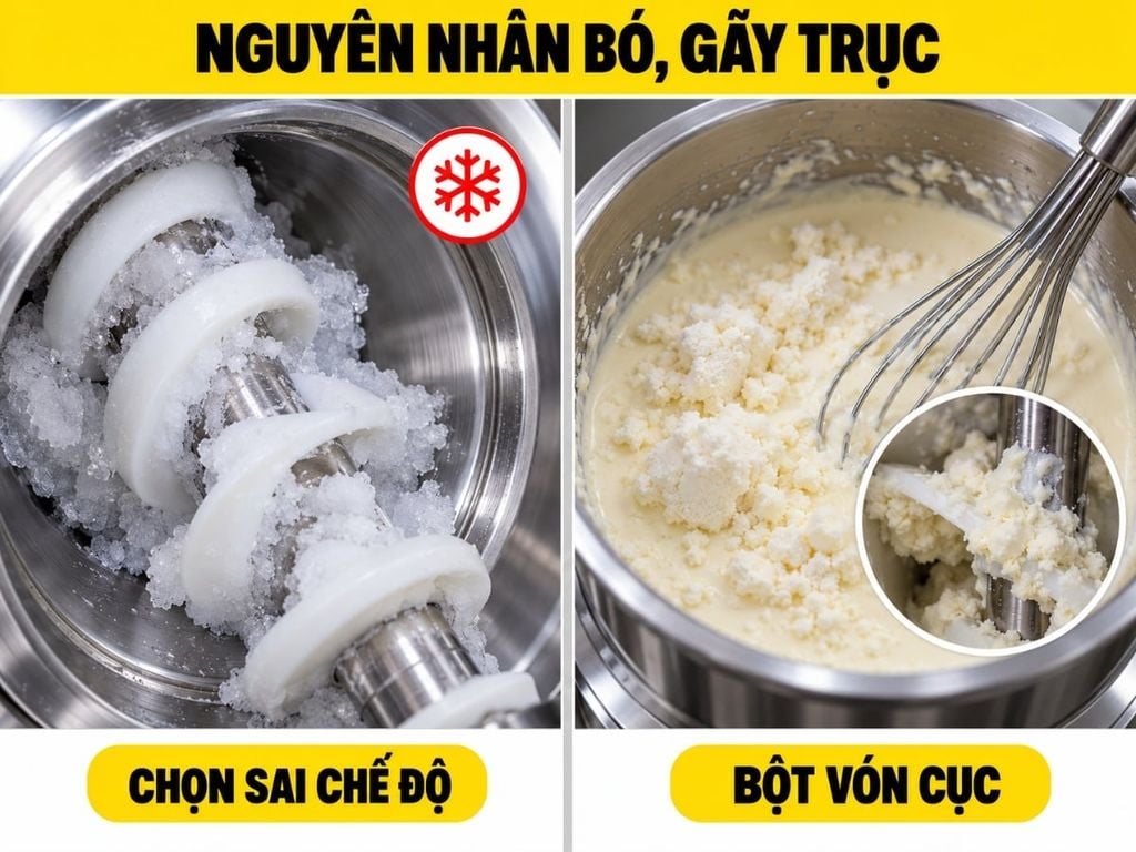 Infographic các nguyên nhân khiến trục khuấy máy làm kem bị bó, gãy