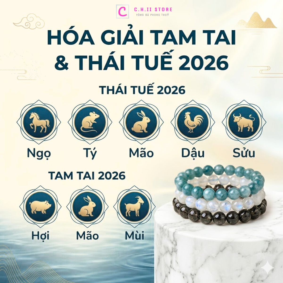 Vòng đá và vật phẩm phong thủy hóa giải vận hạn Tam Tai và Thái Tuế trong năm Bính Ngọ 2026
