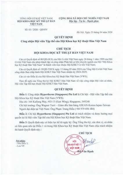 Hypertherm (Singapore) Pte Ltd đã trở thành thành viên chính thức của Hội Khoa học Kỹ thuật Hàn Việt Nam