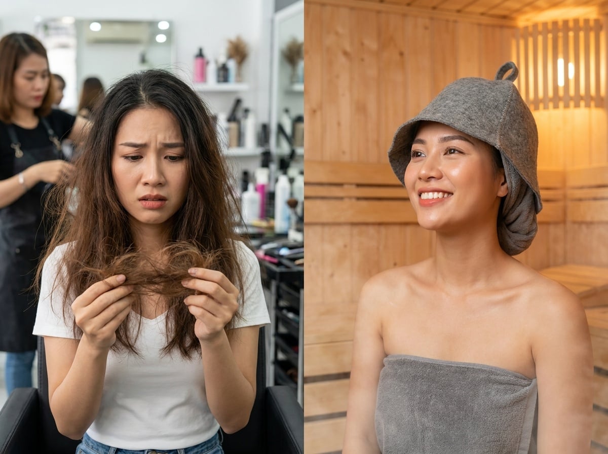 Nghe đồn xông hơi làm tóc khô như rơm? Sự thật về nhiệt độ và mái tóc