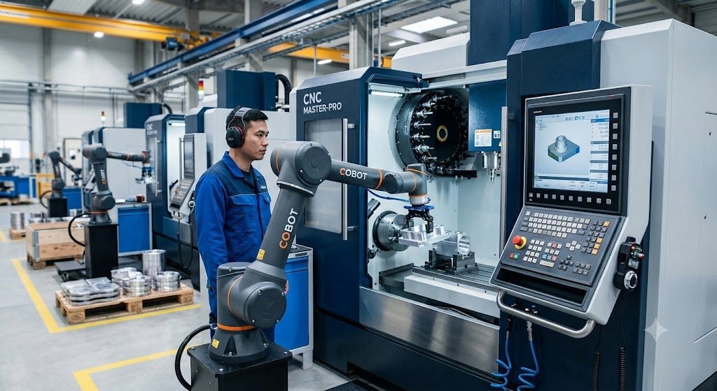 Xu Hướng Tự Động Hóa: Tích Hợp Cánh Tay Robot (Cobot) Vào Hệ Thống Máy CNC Hiện Đại
