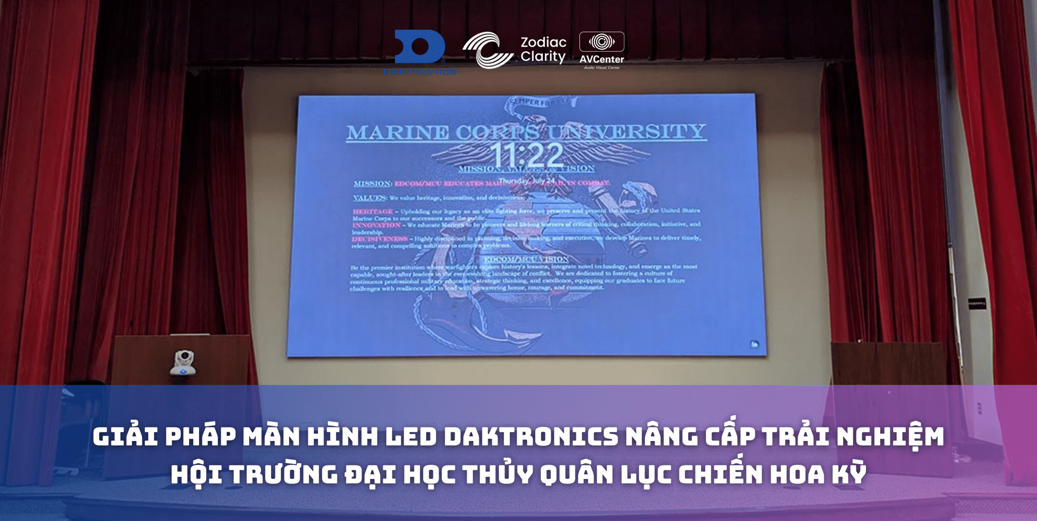 Case study: Giải pháp màn hình Led Daktronics nâng cấp trải nghiệm hội trường Đại học Thủy Quân Lục Chiến Hoa Kỳ