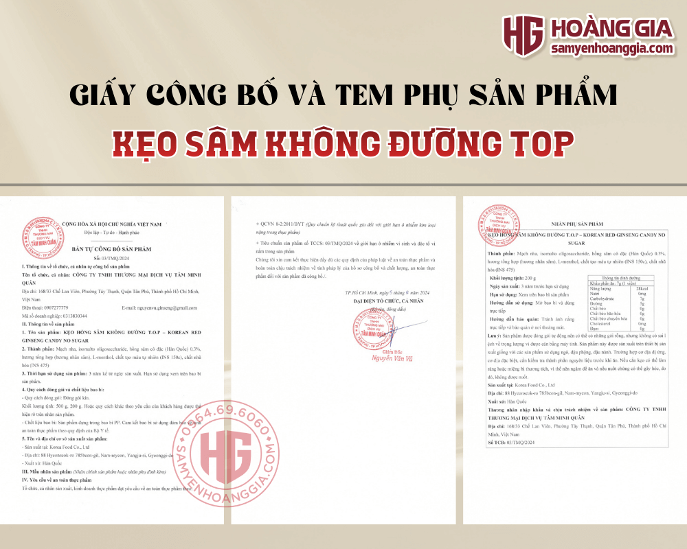 Giấy công bố và Tem phụ tiếng Việt sản phẩm Kẹo Sâm TOP được nhập khẩu Hàn Quốc chính ngạch.