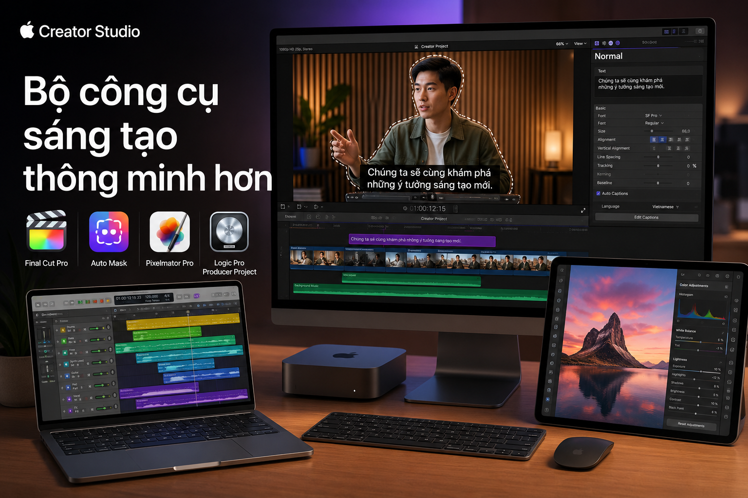 Apple Creator Studio mới: Final Cut Pro tự tạo phụ đề, Auto Mask và Logic Pro Producer Project