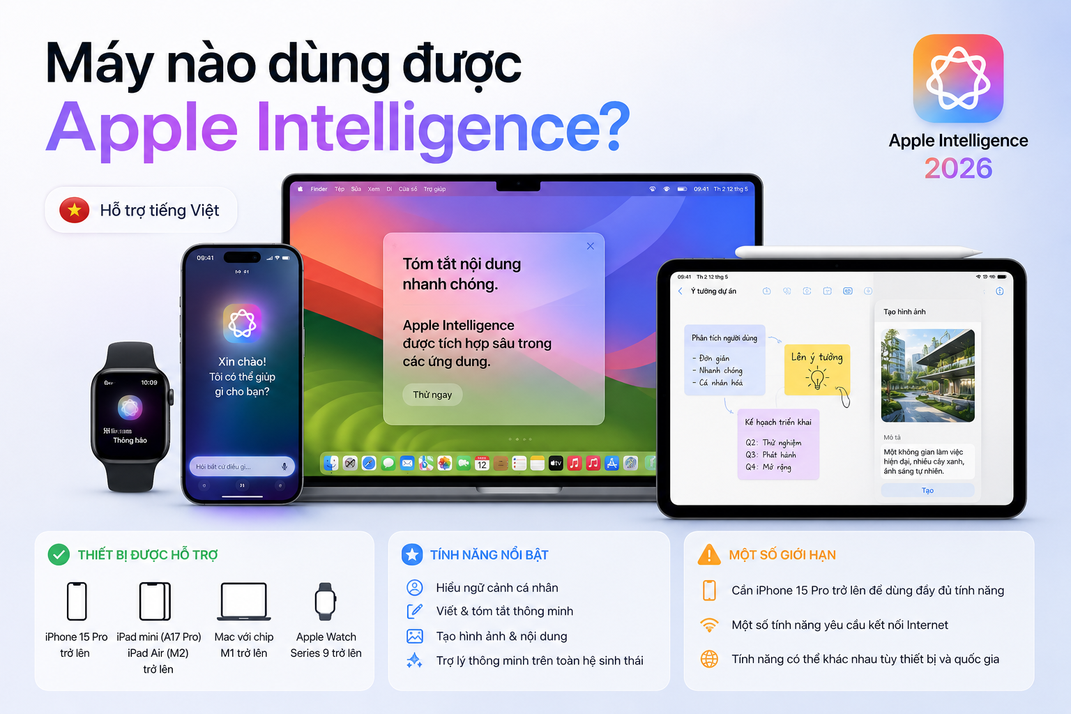 Apple Intelligence hỗ trợ tiếng Việt đến đâu? Danh sách thiết bị, tính năng và giới hạn năm 2026