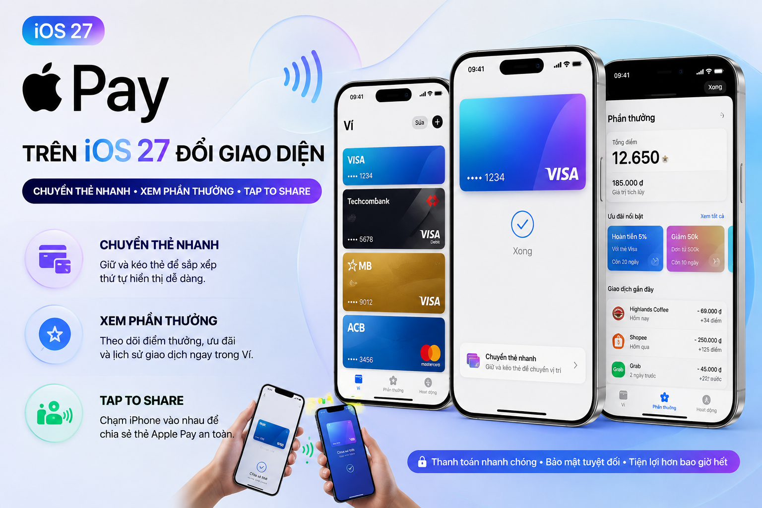 Apple Pay trên iOS 27 đổi giao diện: Chuyển thẻ nhanh, xem phần thưởng và Tap to Share