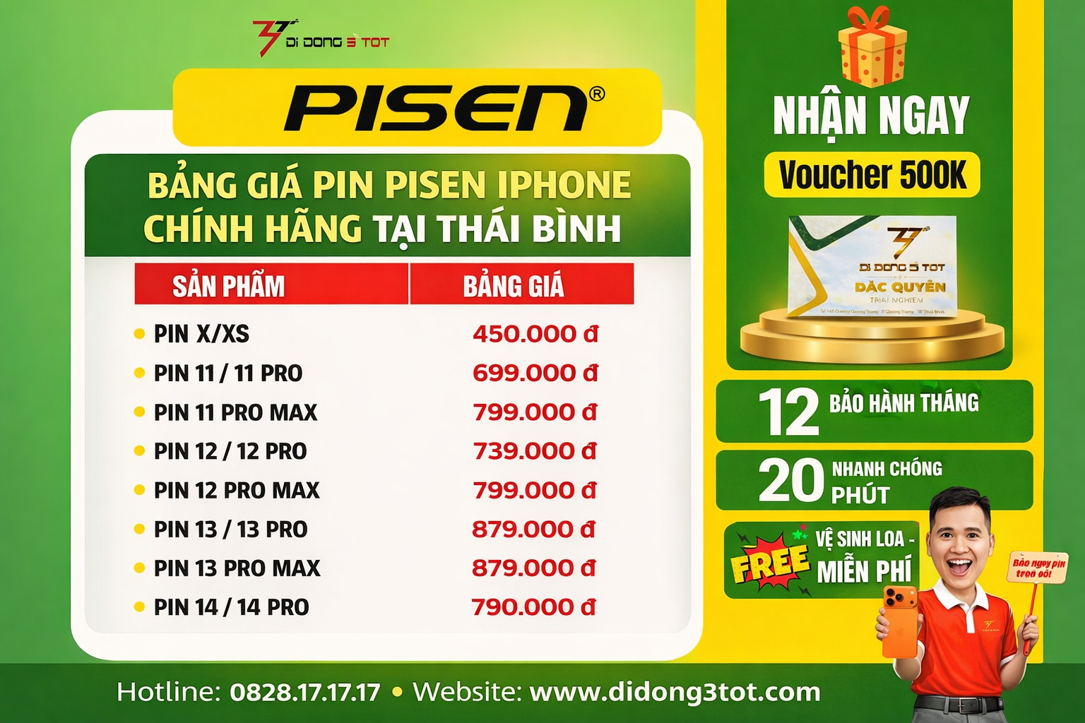 Bảng Giá Pin Pisen iPhone Chính Hãng Tại Thái Bình – Bảo Hành 12 Tháng