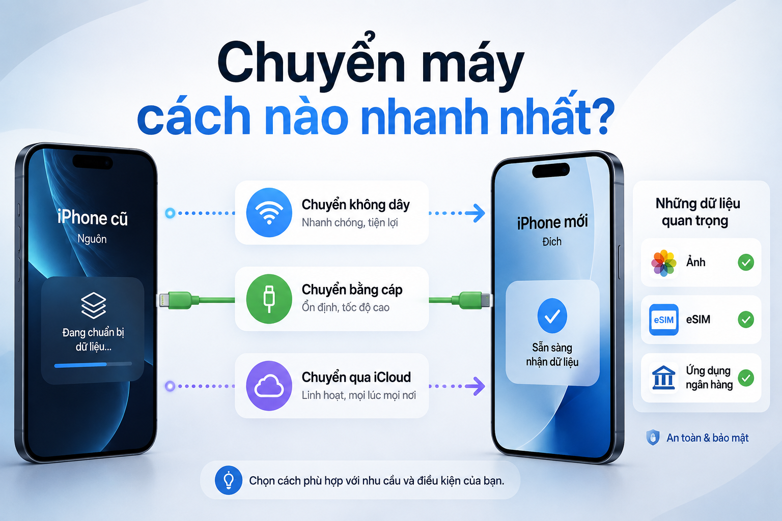 Chuyển dữ liệu sang iPhone mới bằng Bắt đầu nhanh: Không dây, có dây hay iCloud tạm thời?