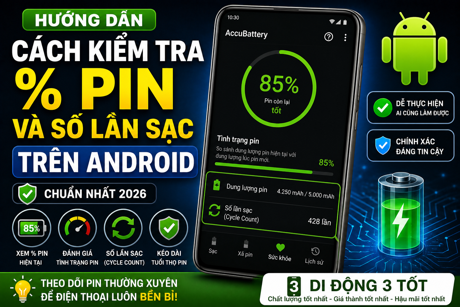Cách kiểm tra % pin và số lần sạc trên Android (Chuẩn nhất 2026)