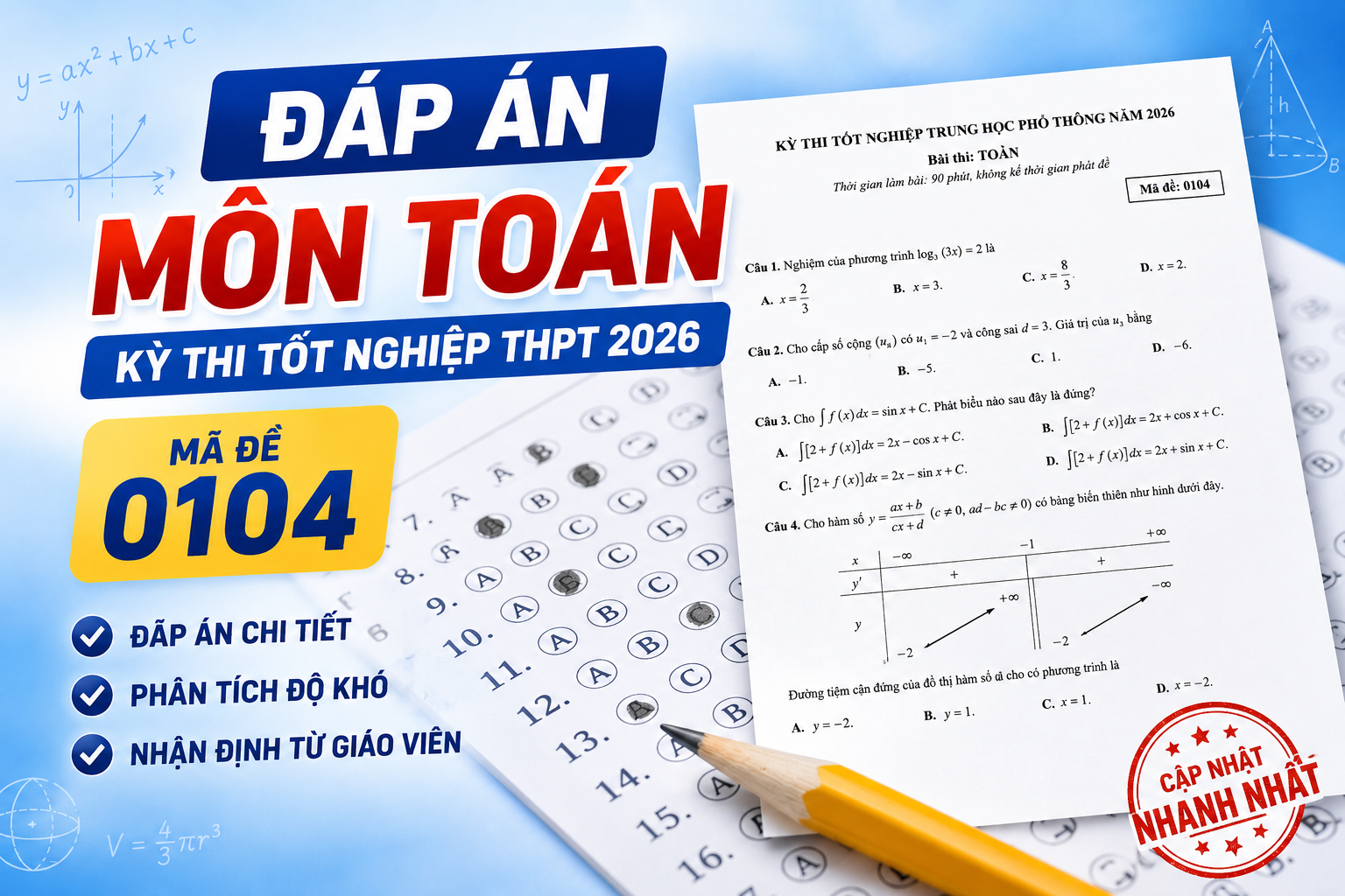 Đáp án môn Toán Kỳ thi tốt nghiệp THPT 2026