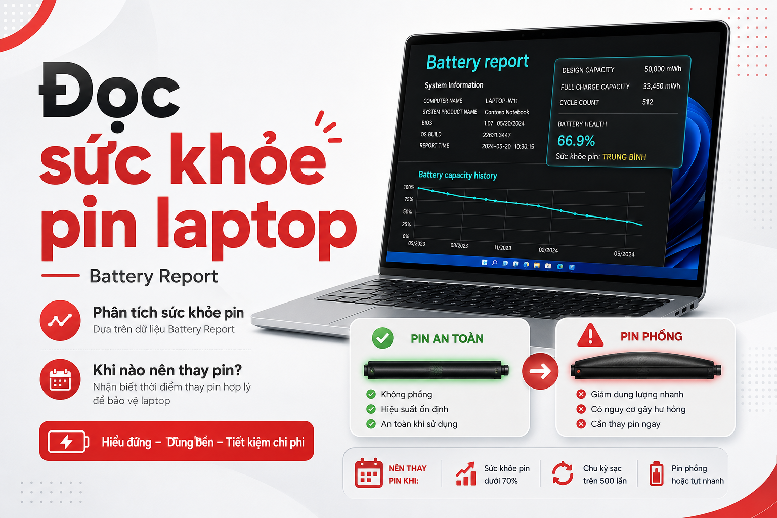 Đọc báo cáo pin Windows 11: Design Capacity, Full Charge Capacity và thời điểm cần thay pin laptop