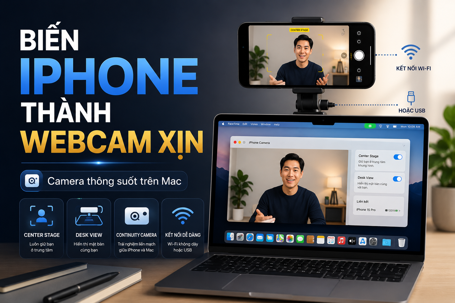 Dùng iPhone làm webcam cho Mac: Cài Camera thông suốt, Desk View và sửa lỗi mất kết nối