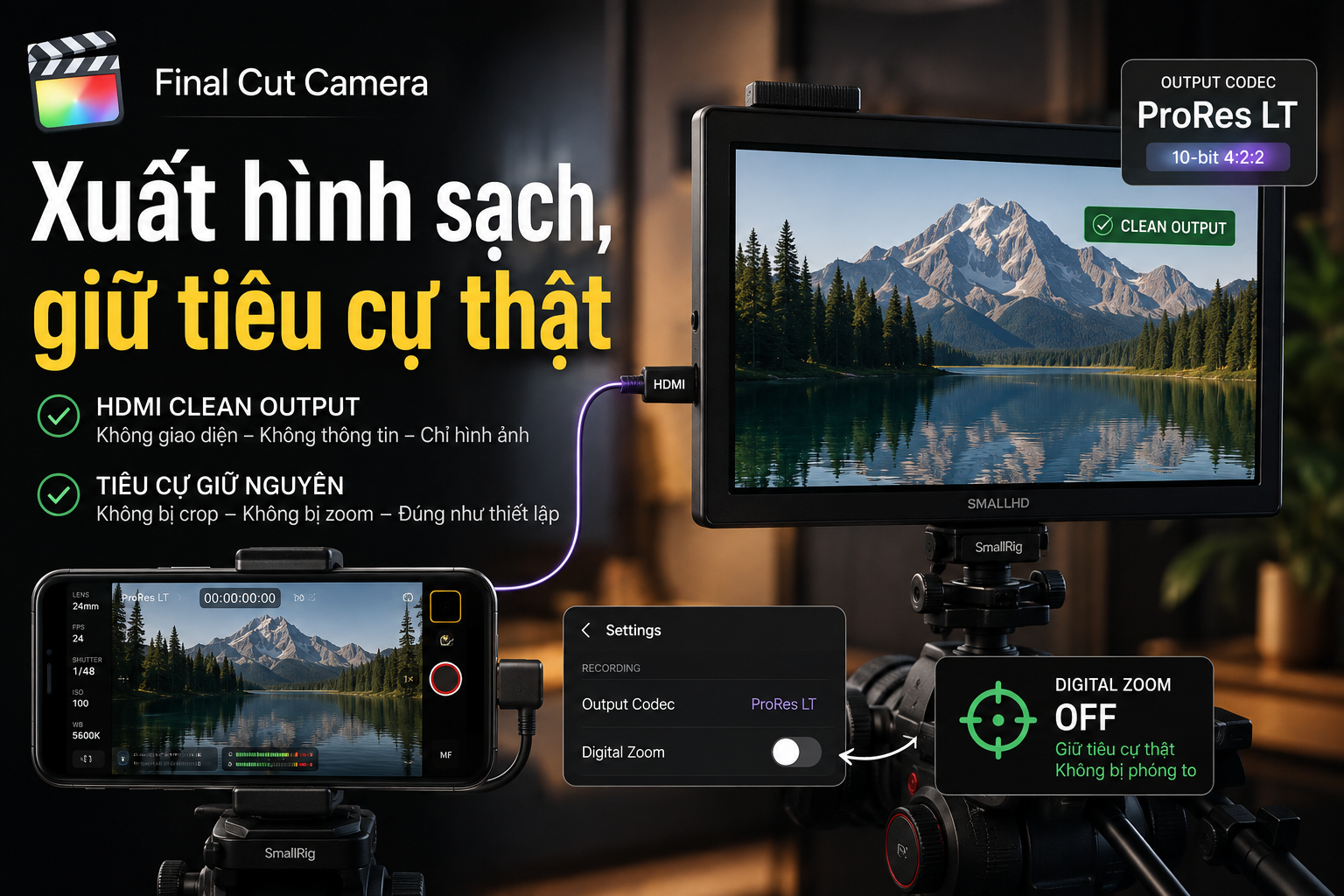 Final Cut Camera có Clean HDMI Out: Cách đưa hình sạch ra màn hình và tránh zoom số khi quay