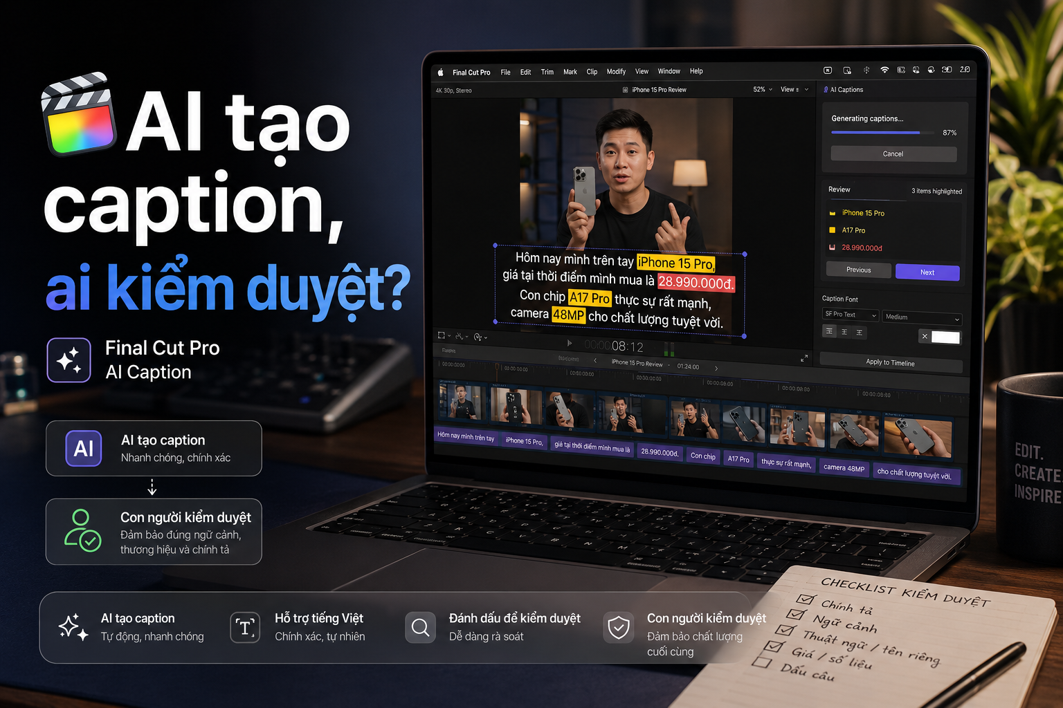 Final Cut Pro tự tạo phụ đề bằng AI: Cách dùng Generate Captions và kiểm duyệt tiếng Việt