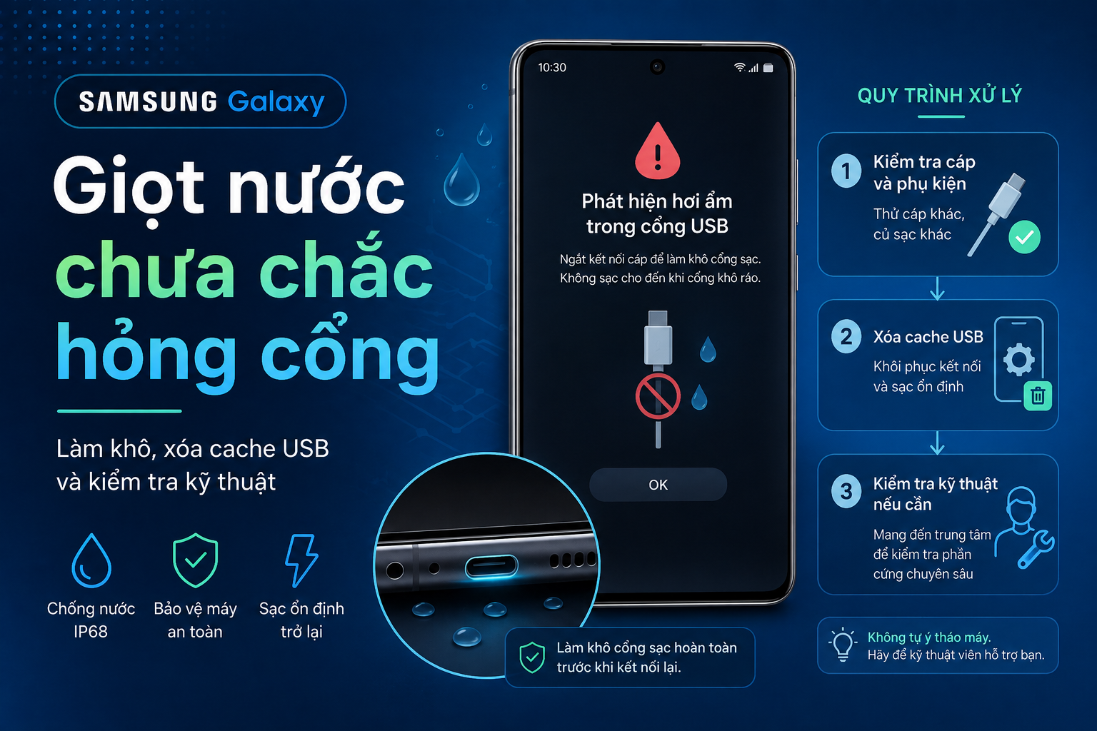 Galaxy báo biểu tượng giọt nước và không sạc: Cách làm khô, xóa cache USB và nhận biết lỗi cổng