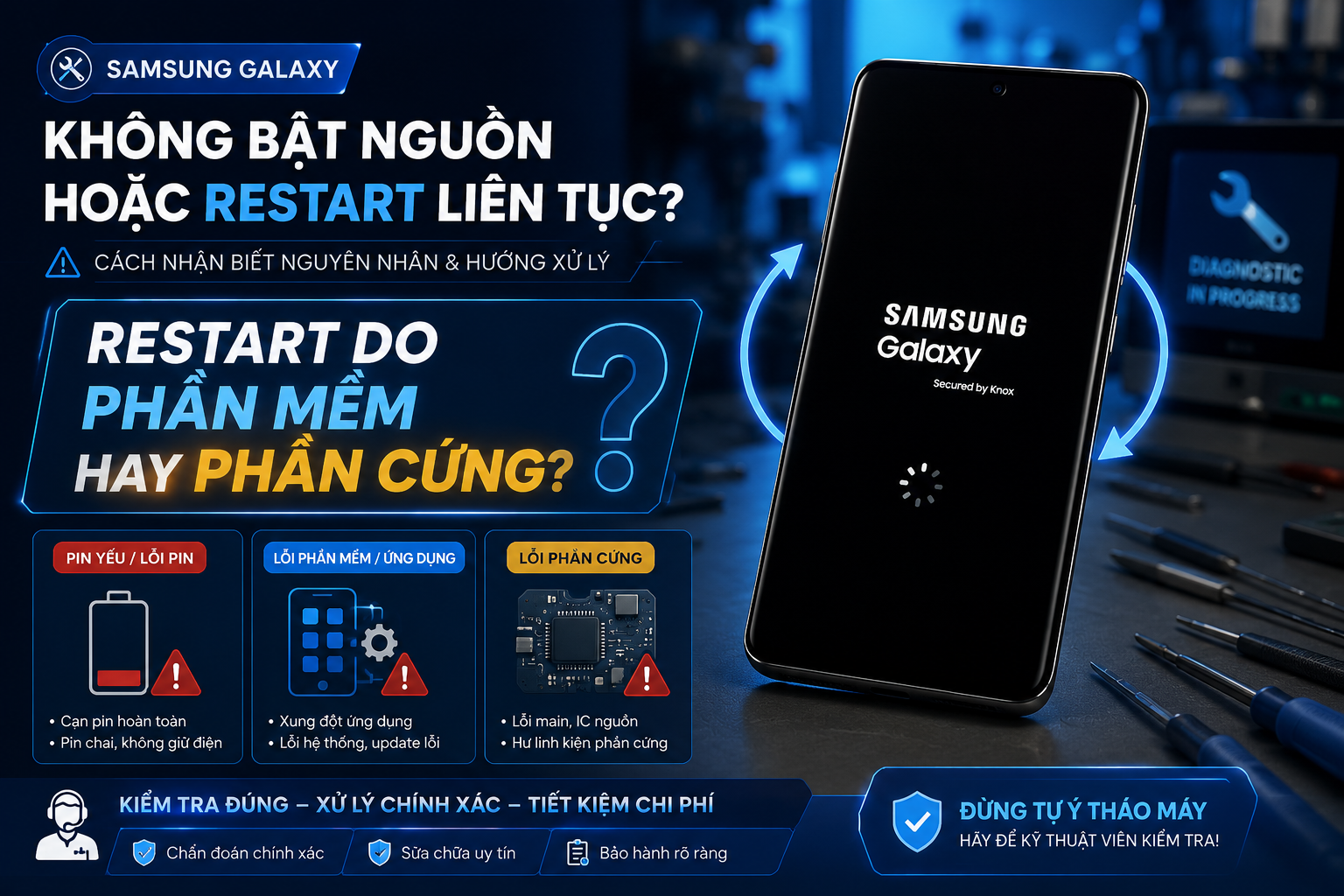Galaxy không lên nguồn hoặc tự khởi động lại liên tục: Phân biệt pin cạn, ứng dụng lỗi và hỏng phần cứng