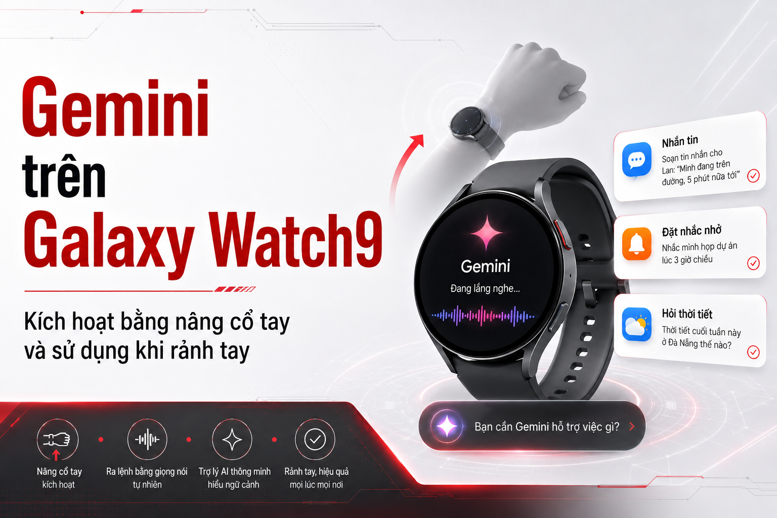 Gemini trên Galaxy Watch9: Kích hoạt bằng nâng cổ tay và sử dụng khi rảnh tay