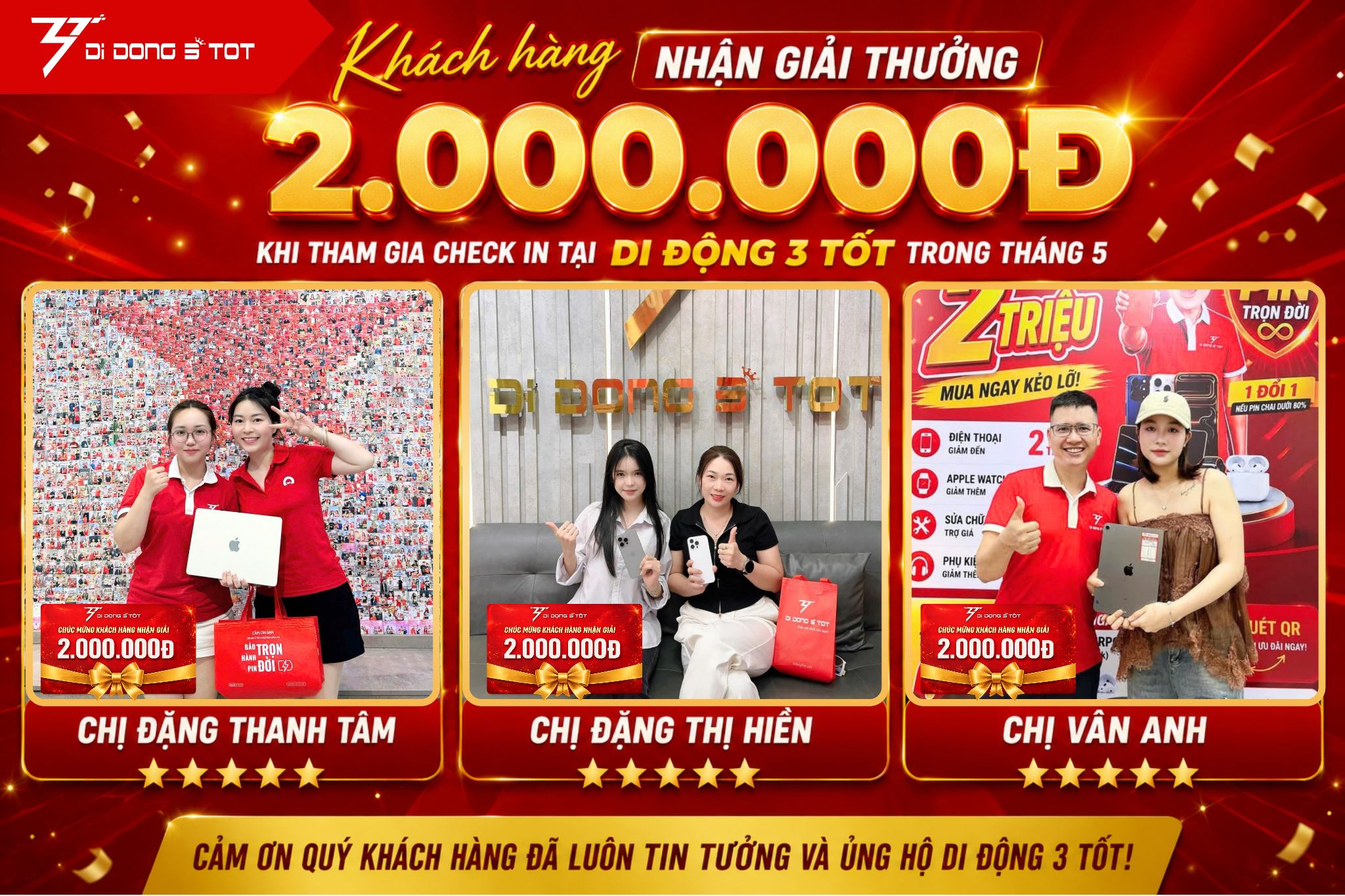 Di Động 3 Tốt Trao Thưởng 2.000.000Đ Cho Khách Hàng May Mắn Tham Gia Check-in Tháng 5