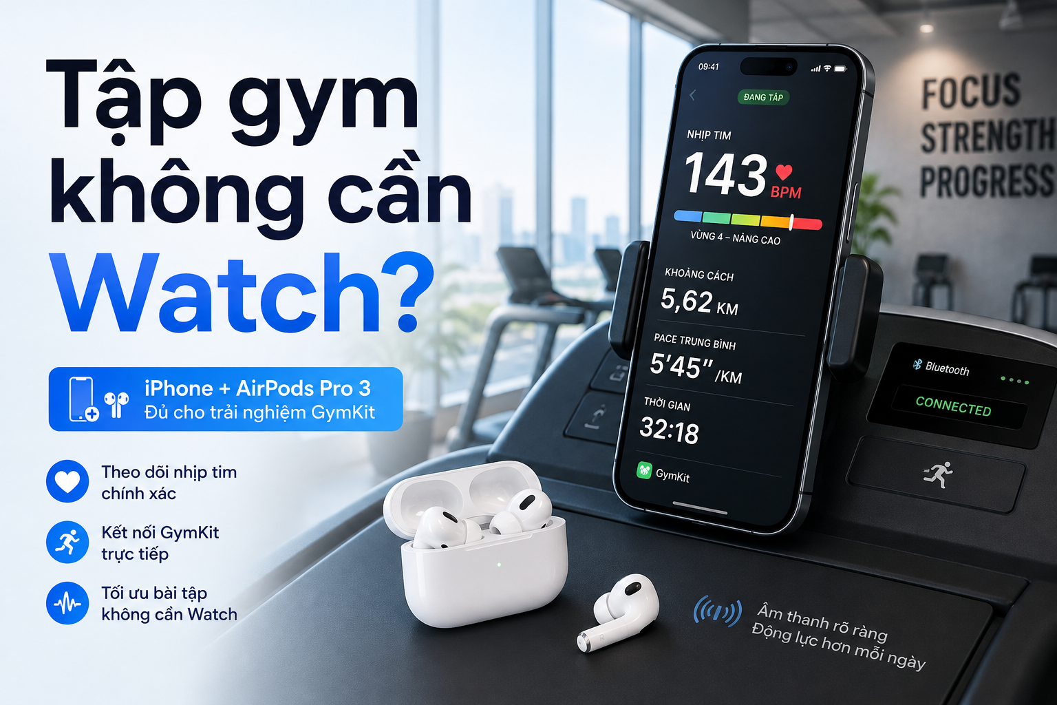 GymKit trên iPhone: Kết nối máy chạy bộ và dùng AirPods Pro 3 đo nhịp tim mà không cần Apple Watch
