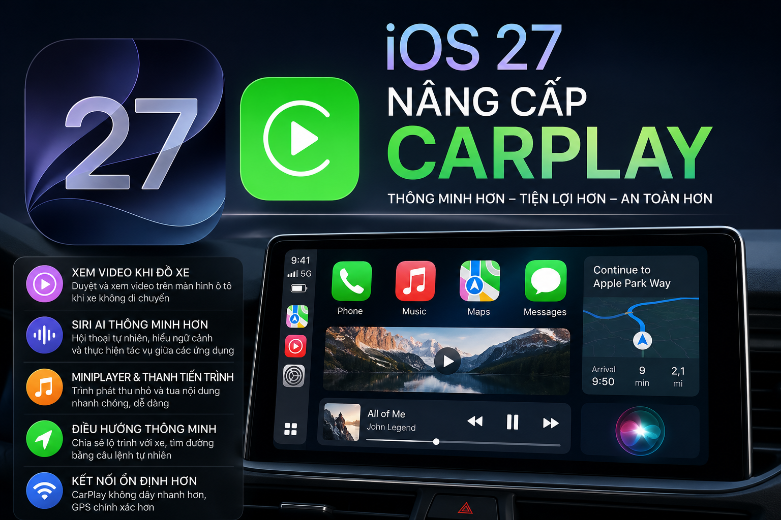 iOS 27 nâng cấp CarPlay: Xem video khi đỗ xe, Siri AI và điều hướng thông minh hơn