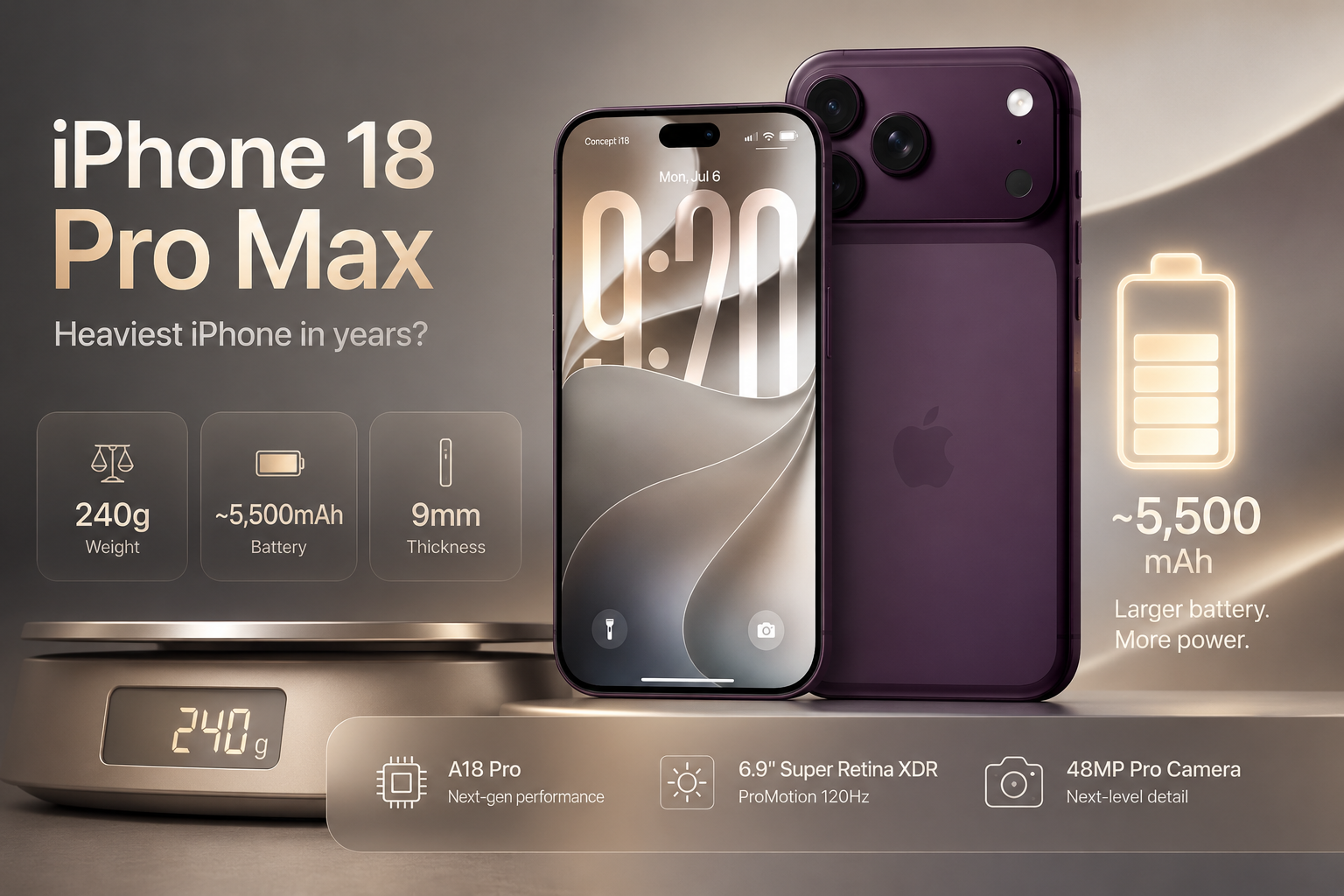 iPhone 18 Pro Max có thể nặng tới 240g vì pin lớn hơn, ngang iPhone 14 Pro Max