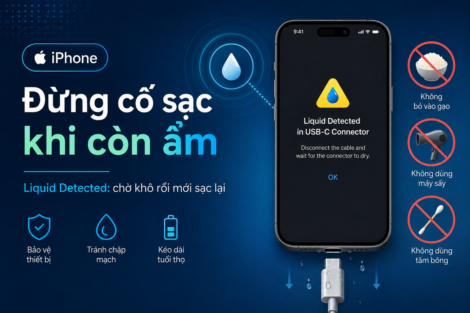 iPhone báo phát hiện chất lỏng ở cổng USB-C: Bao lâu mới sạc lại và tuyệt đối không làm gì?