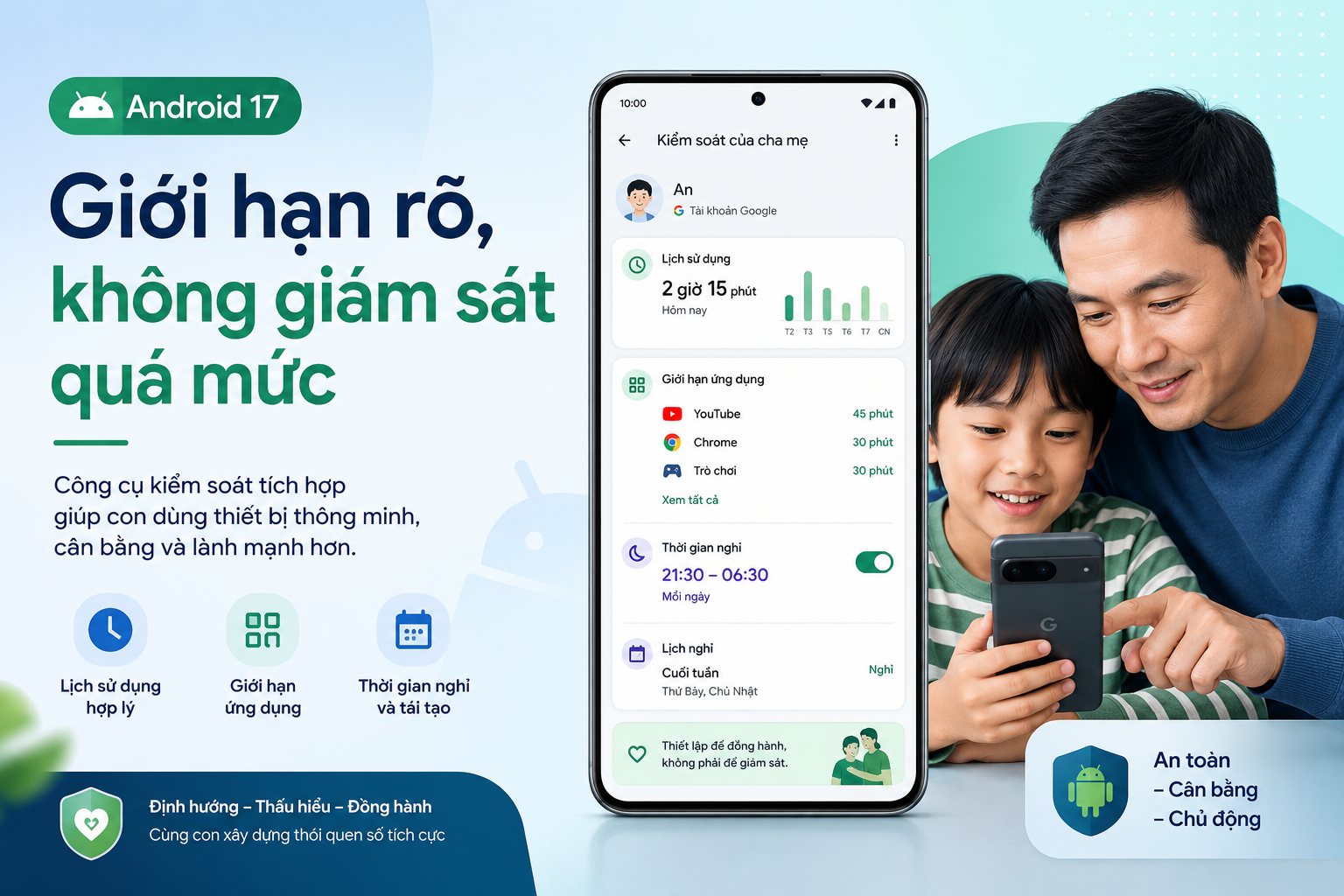 Kiểm soát phụ huynh tích hợp Android 17: Đặt thời gian, giới hạn ứng dụng và lịch nghỉ không cần app ngoài