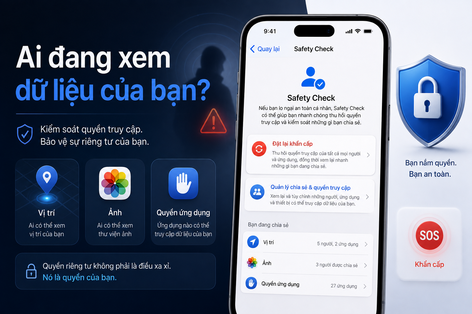 Kiểm tra an toàn trên iPhone: Dừng chia sẻ vị trí, ảnh và quyền ứng dụng trong tình huống khẩn cấp
