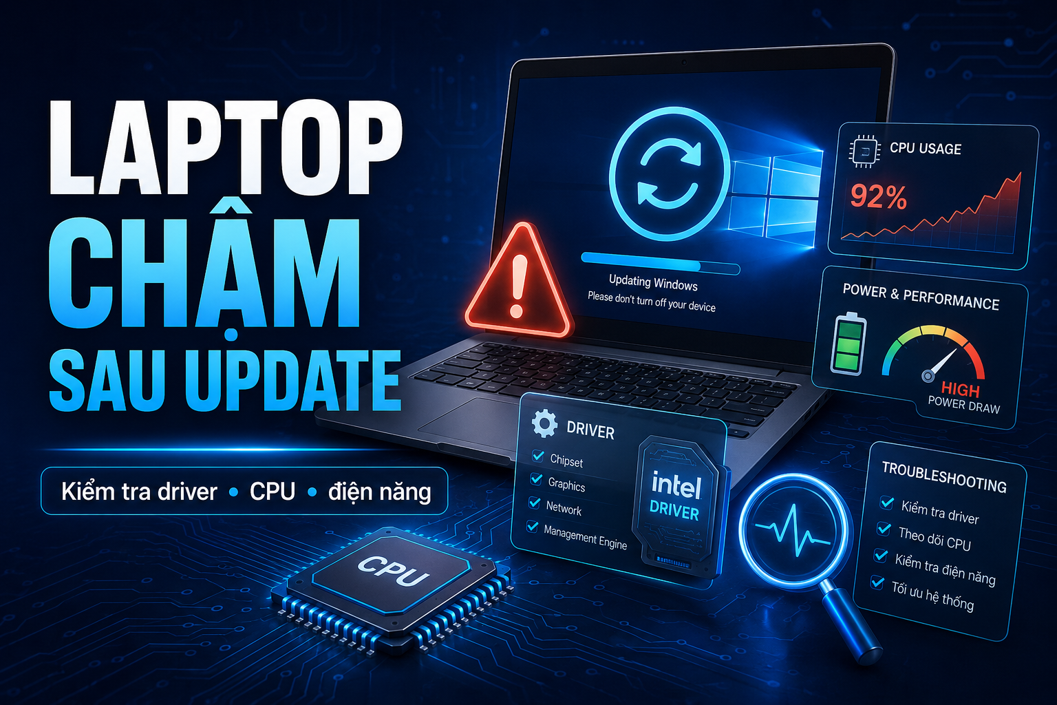 Windows Update xong laptop chạy chậm: Cách kiểm tra driver Intel, CPU và mức tiêu thụ điện
