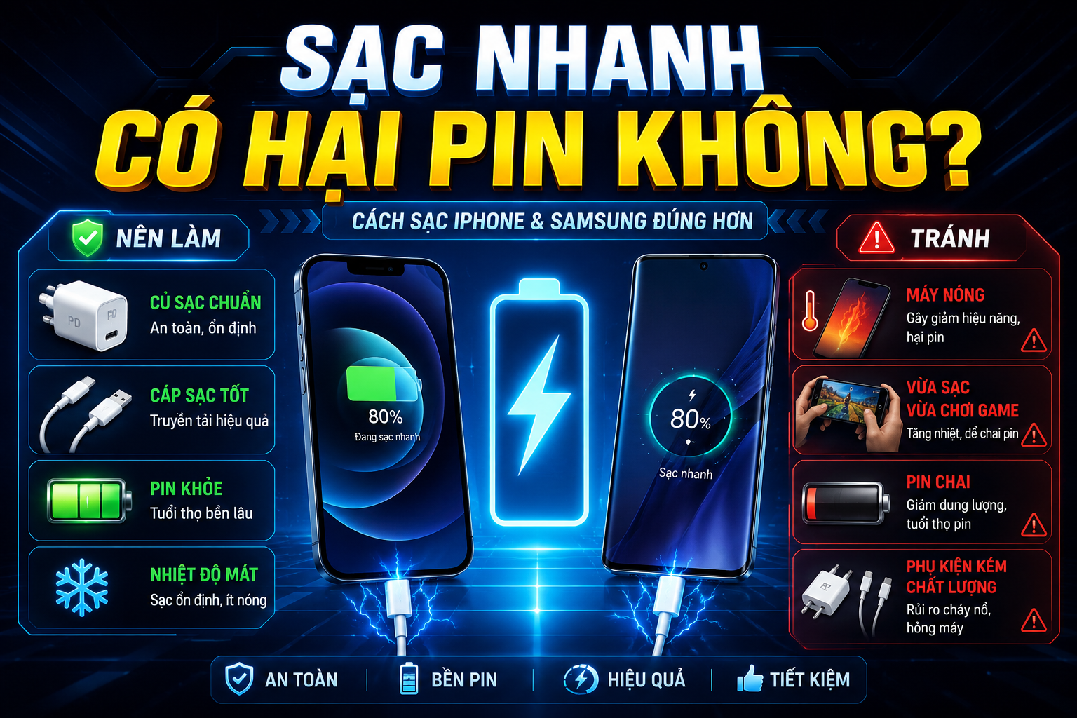 Sạc nhanh có hại pin không? Cách sạc iPhone và Samsung đúng hơn