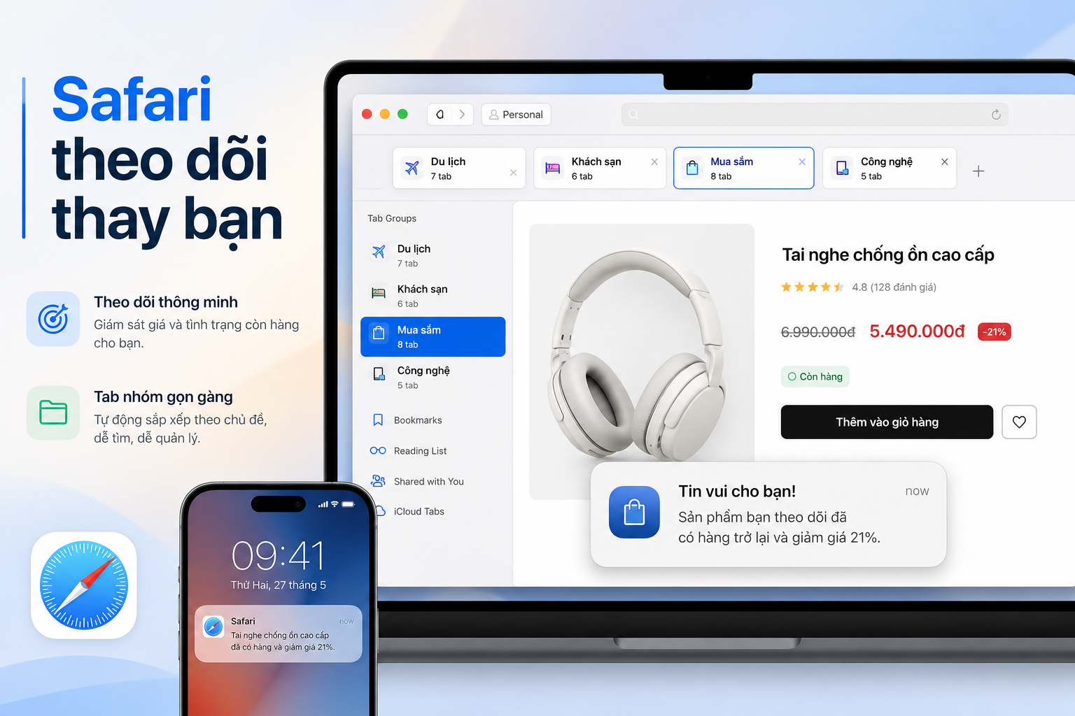 Safari Notify Me và nhóm tab thông minh: Cách theo dõi giảm giá, hàng về và kế hoạch du lịch
