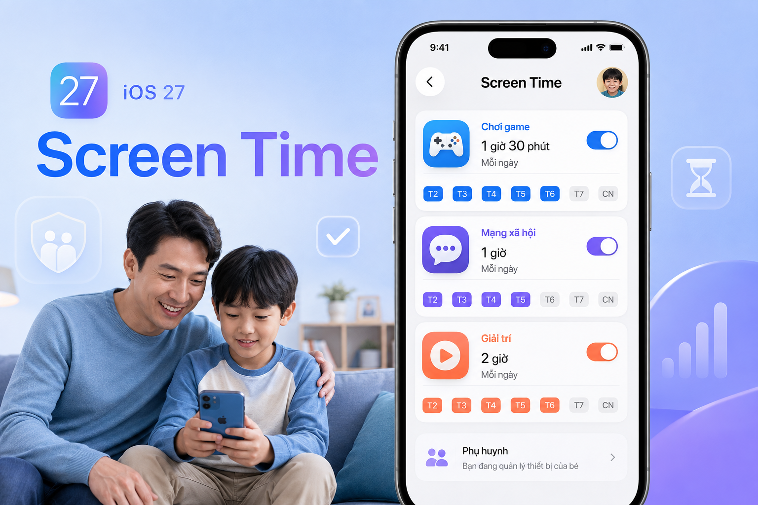 Screen Time iOS 27 thay đổi lớn: Cha mẹ có thể cấp riêng thời gian chơi game, mạng xã hội và giải trí