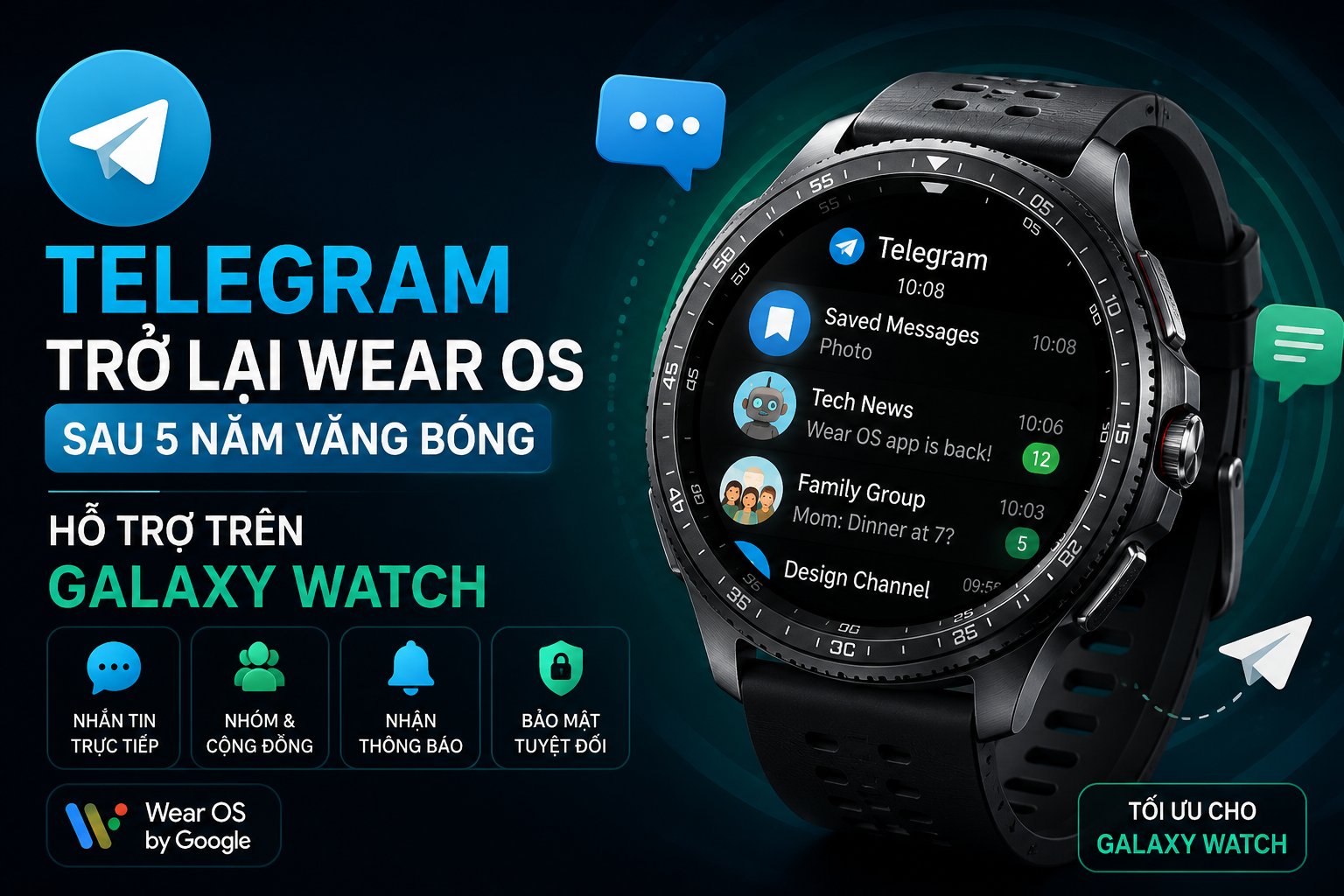Telegram chính thức trở lại Wear OS, người dùng Galaxy Watch sắp được trải nghiệm