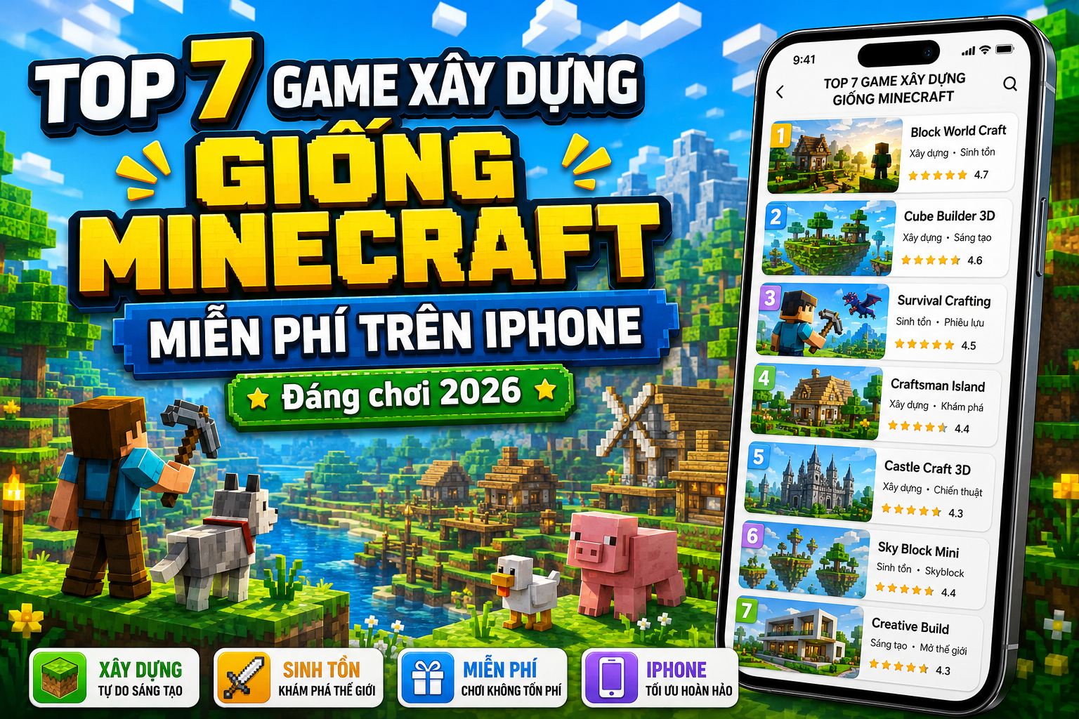 Top 7 game xây dựng giống Minecraft miễn phí trên iPhone đáng chơi