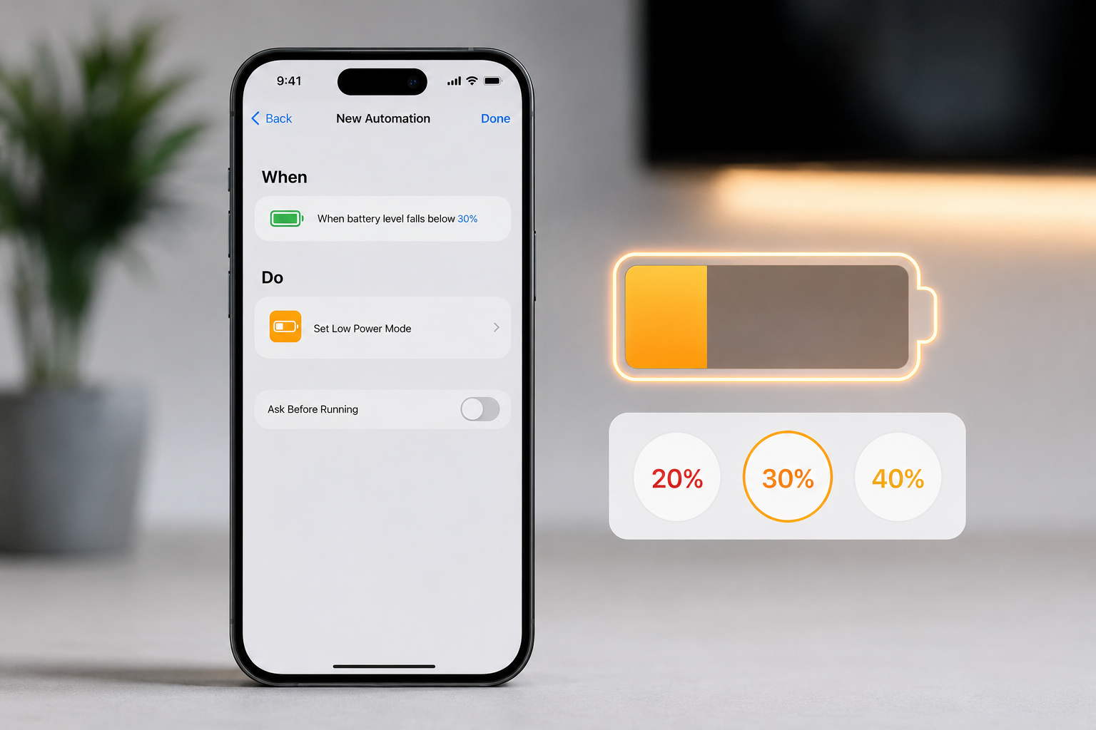 Tự bật chế độ tiết kiệm pin khi iPhone còn 40%, 30% hoặc 20% bằng Shortcuts