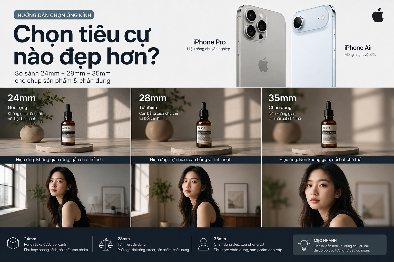 Tùy chỉnh tiêu cự 24mm, 28mm và 35mm trên iPhone: Chọn góc nhìn nào cho ảnh sản phẩm và chân dung?