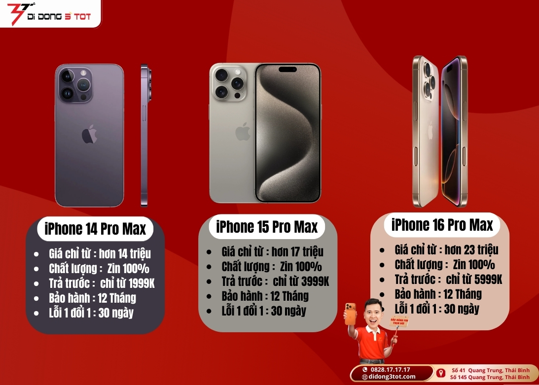 Mua iPhone 14 Pro Max, 15 Pro Max, 16 Pro Max Giá Tốt Tại Di Động 3 Tốt – Trả Trước Chỉ Từ 1.999K